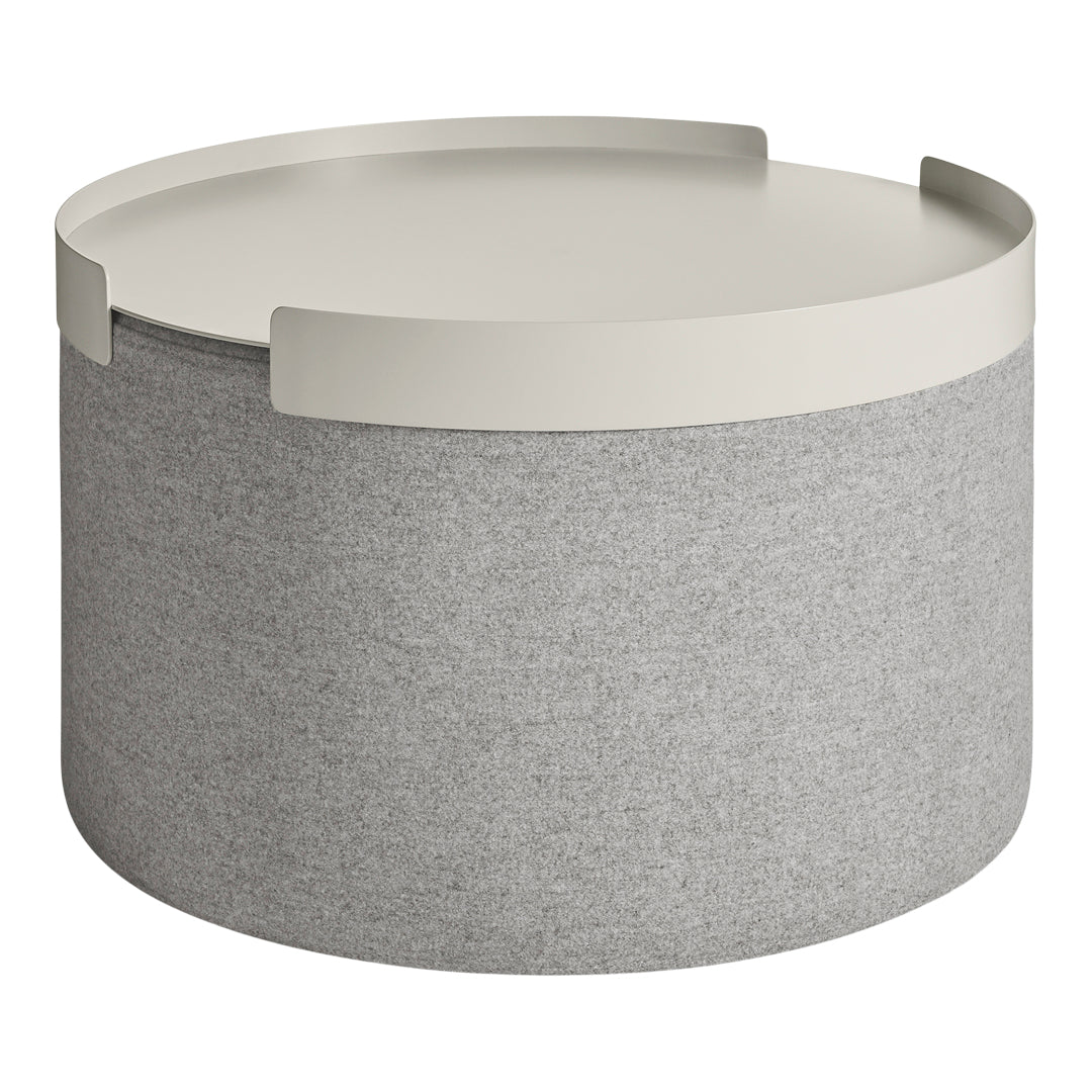 Gray round storage container with a light beige lid, featuring a smooth, minimalist design. Perfect for organizing.