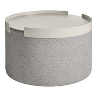 Gray round storage container with a light beige lid, featuring a smooth, minimalist design. Perfect for organizing.
