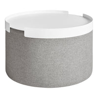 Gray storage basket with a smooth white lid and a minimalist design. Ideal for modern interiors.