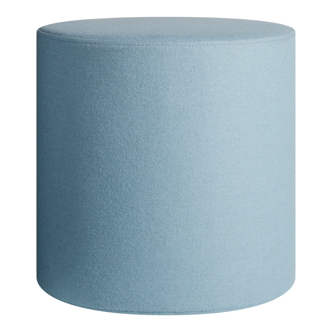 Round light blue upholstered stool with a smooth, solid pattern for modern decor.