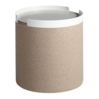 Round storage basket in taupe fabric with a white, curved lid. Simple and modern design. Perfect for organizing.