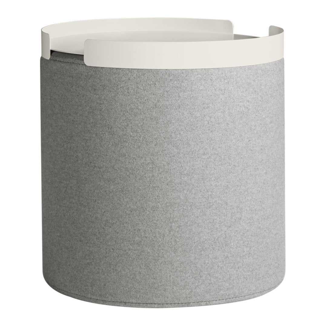 Gray felt storage bin with a sleek white top, featuring a minimalist design, perfect for modern decor.