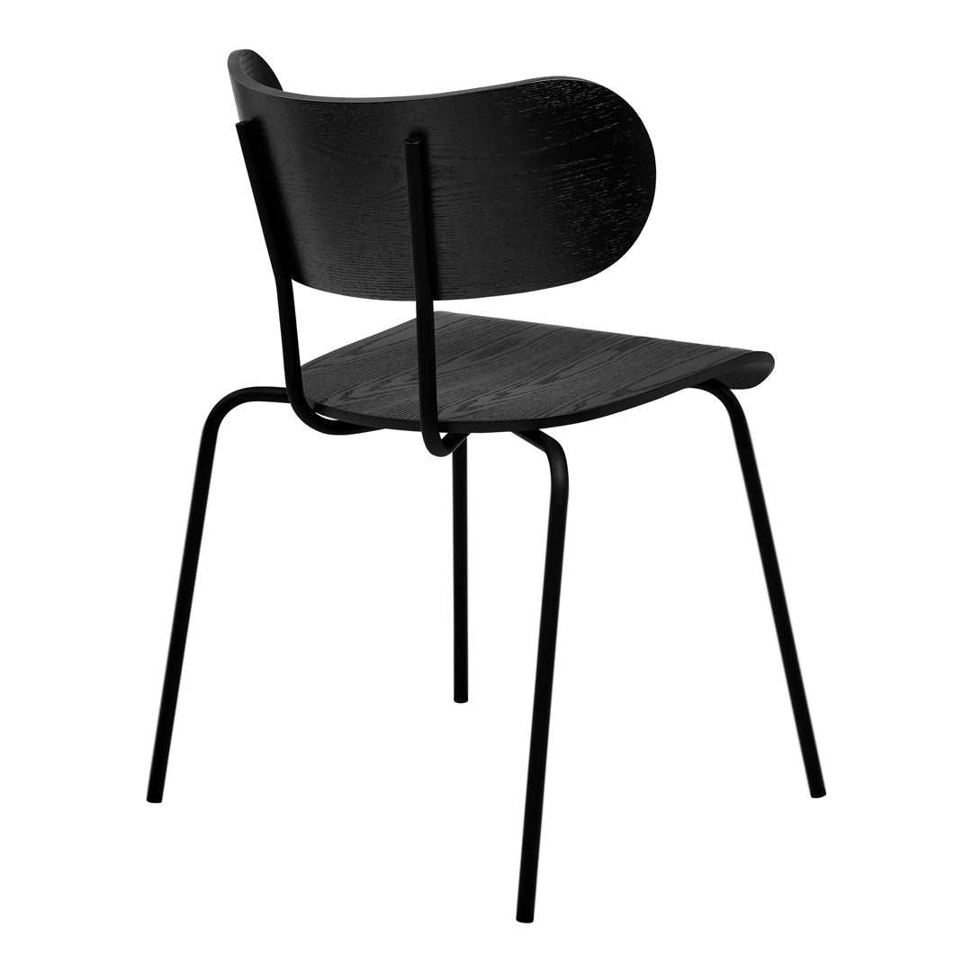 Black minimalist chair with a curved wooden backrest and sleek metal legs. Simple, modern design for stylish interiors.