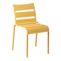 Bright yellow chair with sleek horizontal slats and a minimalist design for modern decor. Perfect for indoor or outdoor use.