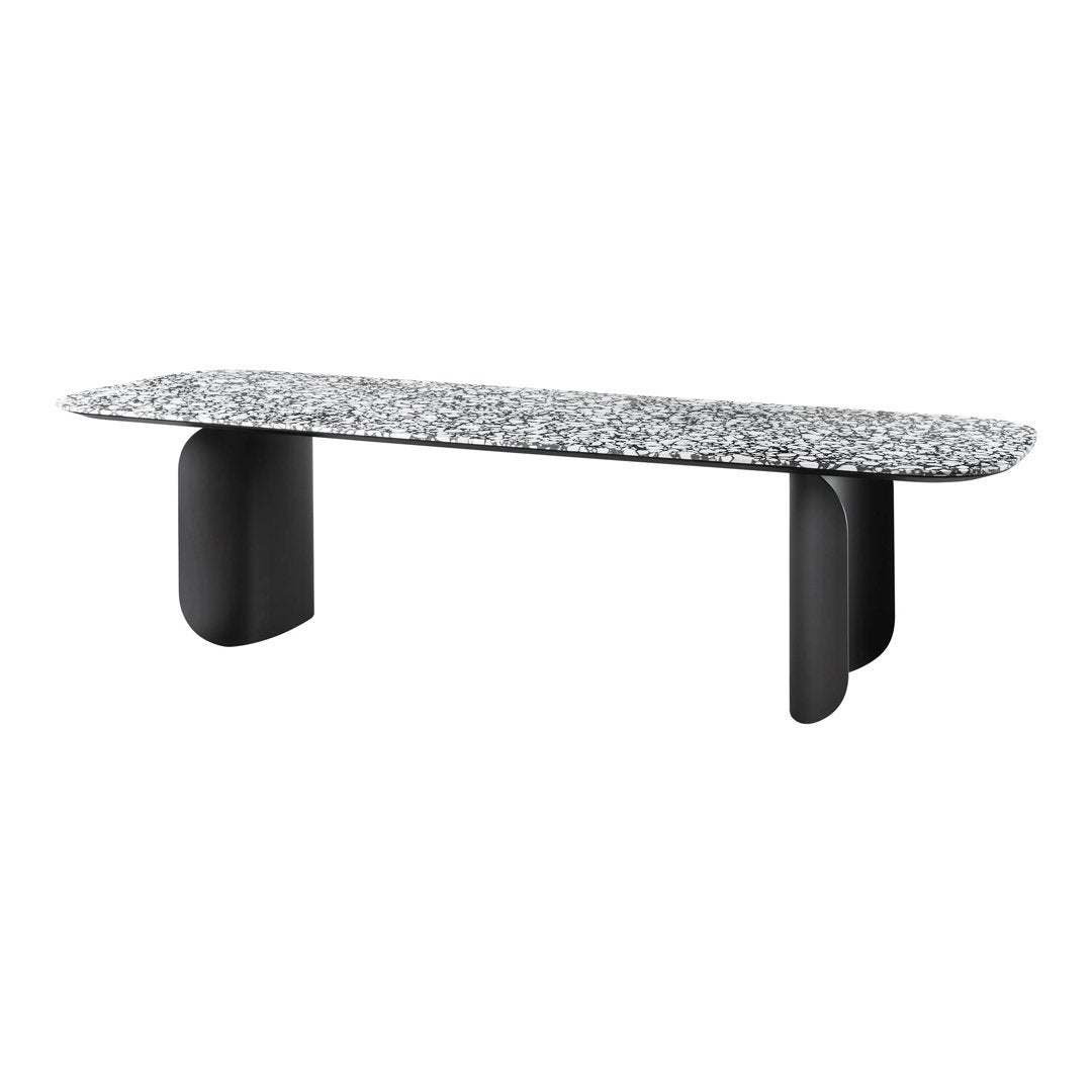 Stylish black table with a textured gray speckled top, smooth edges, and bold, modern black legs.