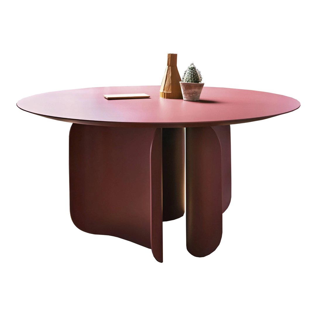 Round table in deep burgundy with smooth finish and curved base, perfect for modern dining spaces.