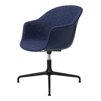 Navy blue upholstered chair with a speckled pattern and sleek black metal legs. Modern design for any space.