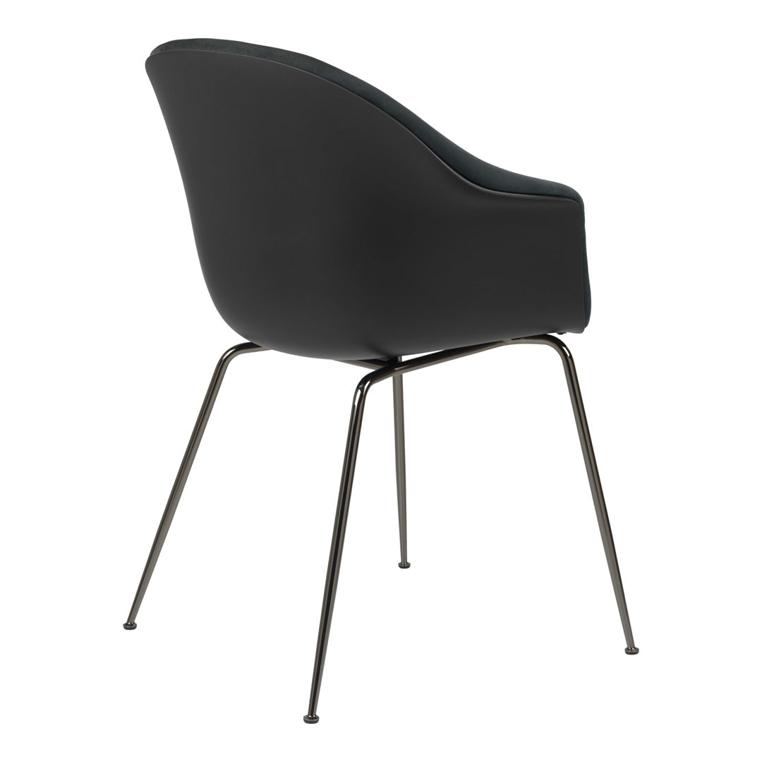 Black upholstered chair with sleek, curved design and metal legs, showcasing a modern, minimalist aesthetic.