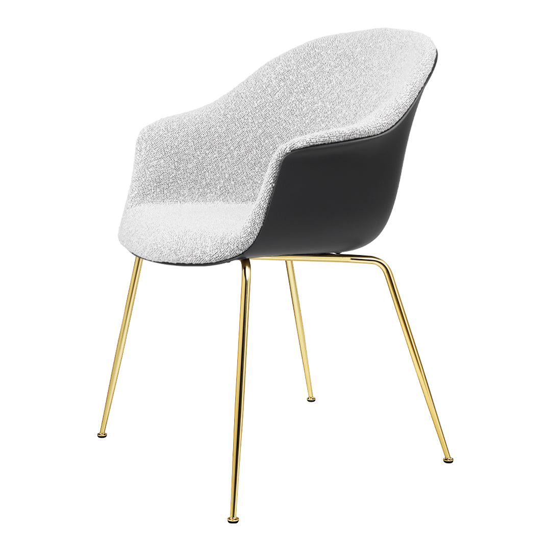 Modern chair featuring a textured gray and white seat with sleek gold legs. Ideal for contemporary spaces.