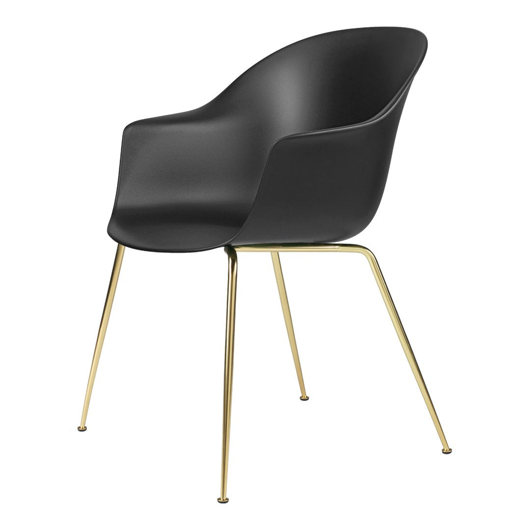 Stylish black chair with sleek, curved design and elegant gold legs for a modern look. Perfect for any space.