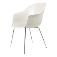 White chair with smooth, minimalist design and sleek chrome legs, perfect for modern decor.