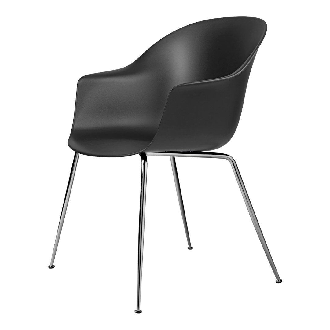 Sleek black chair with a smooth, curved design and shiny chrome legs, perfect for modern decor.