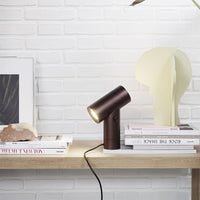 "Matte brown lamp with a sleek, angular design, contrasting against a bright white brick wall and light-colored decor."