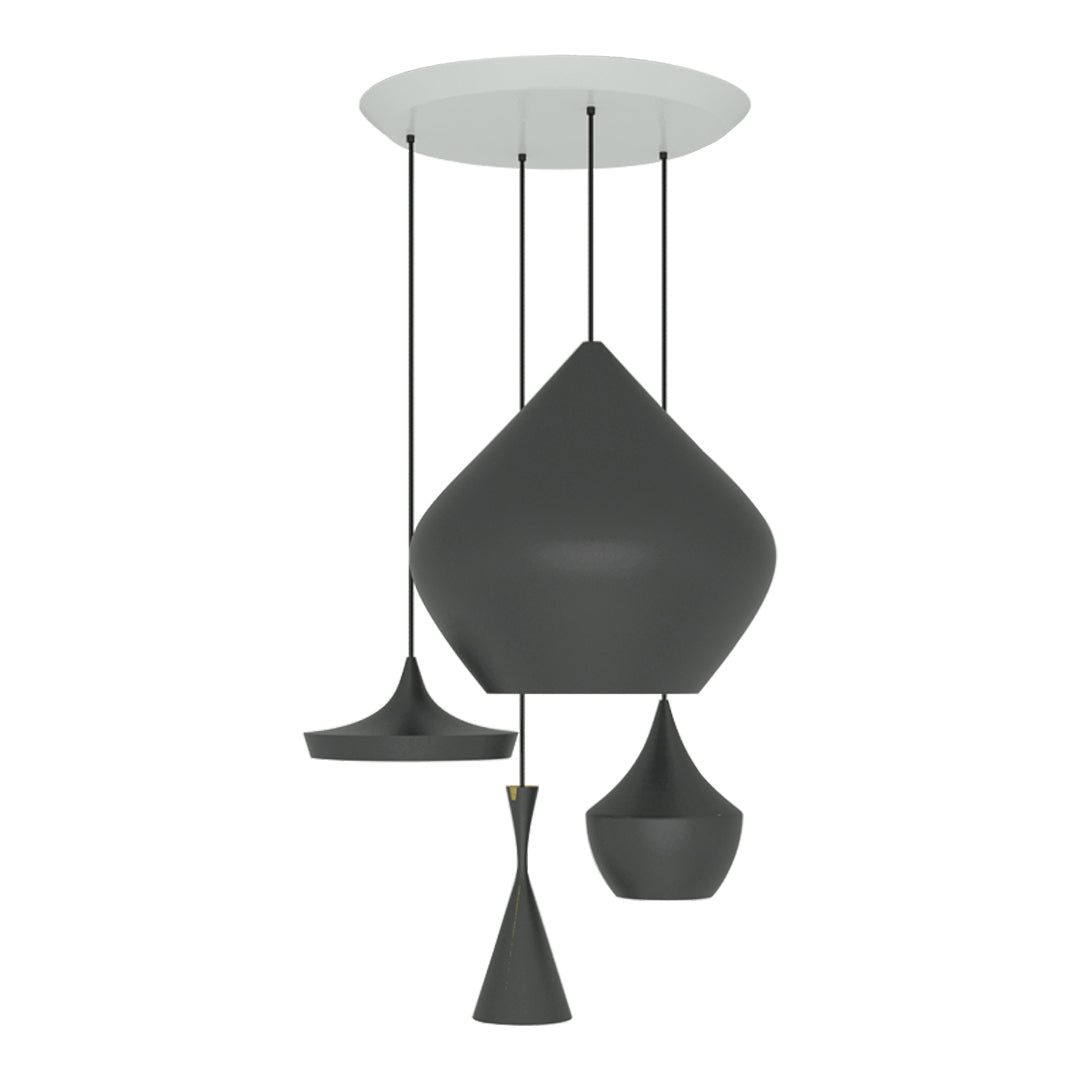 Modern pendant light in various black shades with sleek, matte finishes and gold accents. Elegant geometric design.