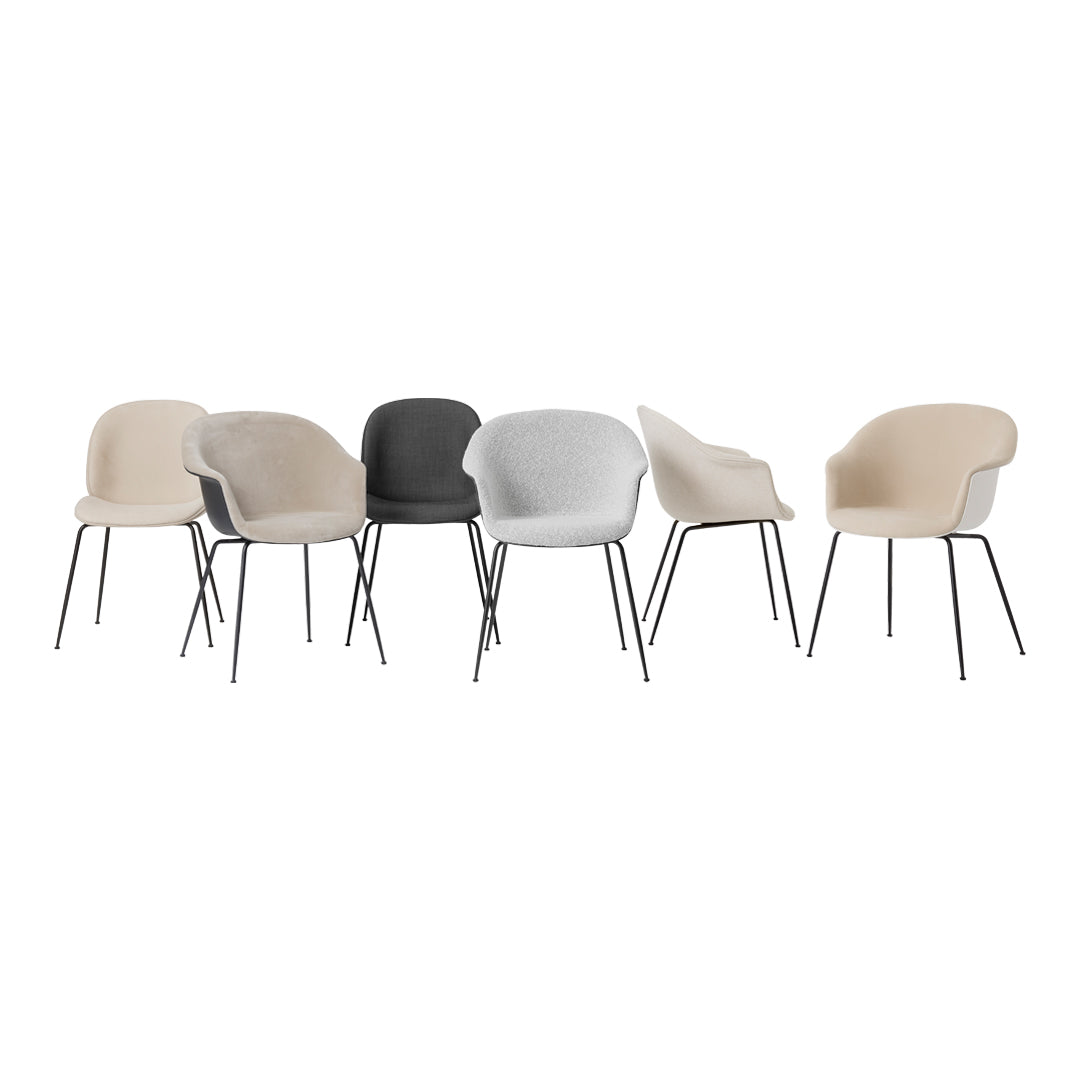 "Collection of modern chairs in beige, gray, and white with a smooth finish and sleek metal legs, showcasing versatile styles."