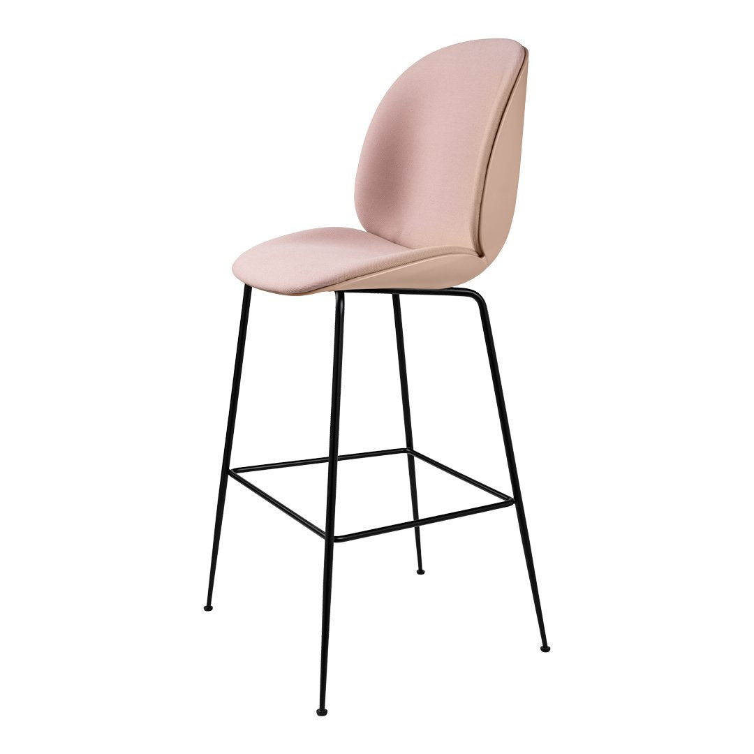 Pink upholstered bar stool with a sleek black metal frame, modern design, and smooth curves. Perfect for contemporary spaces.
