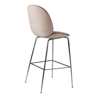 Beige upholstered bar stool with a smooth, curved back and sleek chrome legs, featuring a minimalist design.