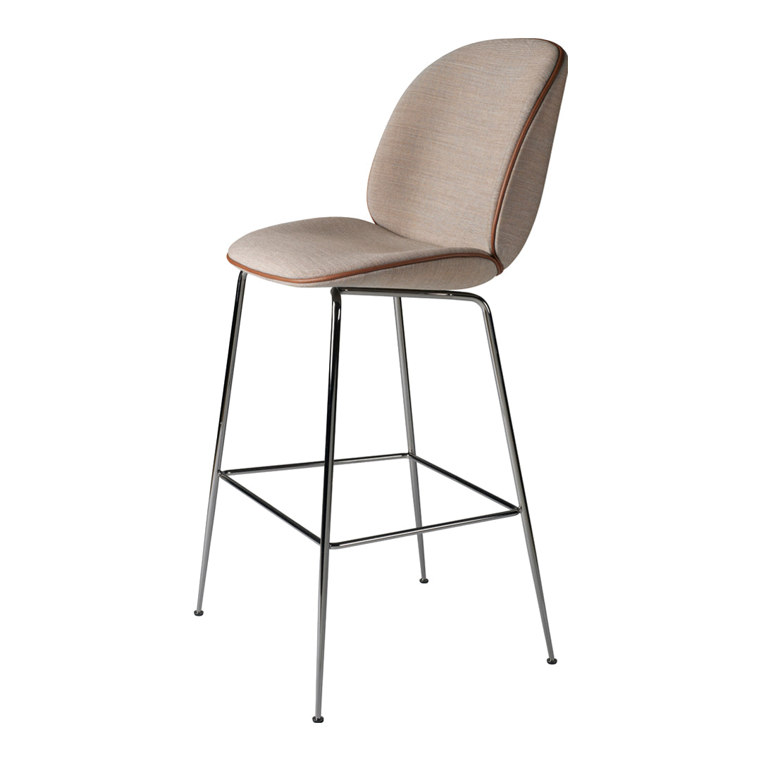 Beige upholstered bar stool with subtle texture and sleek chrome legs for a modern look.