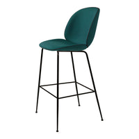 Teal upholstered bar stool with a sleek black metal frame, featuring a minimalist design. Perfect for modern interiors.