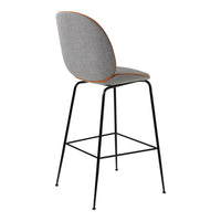 Gray upholstered bar stool with a sleek black metal frame and subtle orange accent along the edge.