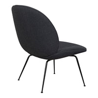 Cozy charcoal gray lounge chair with a unique, rounded back and sleek black metal legs. Perfect for modern decor.