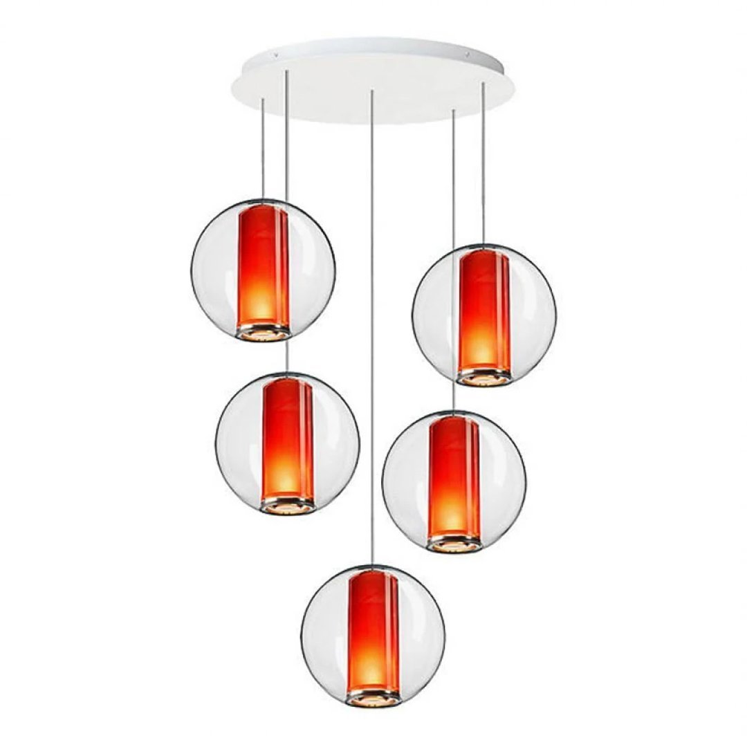Modern pendant light featuring circular glass shades with vibrant red and orange accents on a sleek chrome frame.