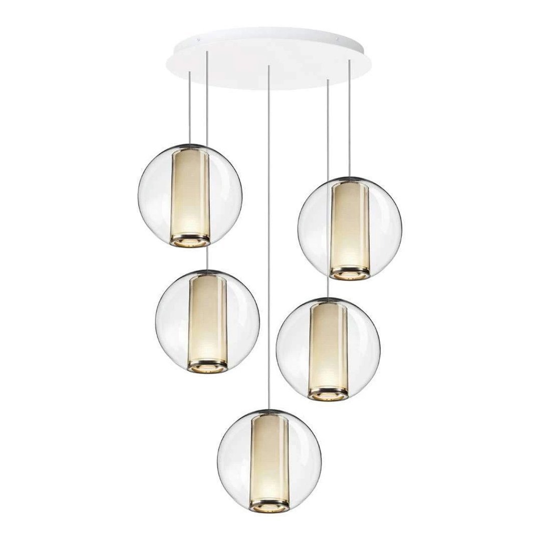 Modern pendant light featuring clear glass orbs and gold accents against a sleek white ceiling mount.