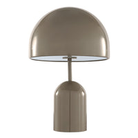 Sleek taupe lamp with a glossy dome shade and rounded base, perfect for modern decor.