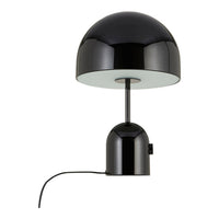 Modern black table lamp with a glossy finish and sleek dome shape, featuring contrasting white underside.