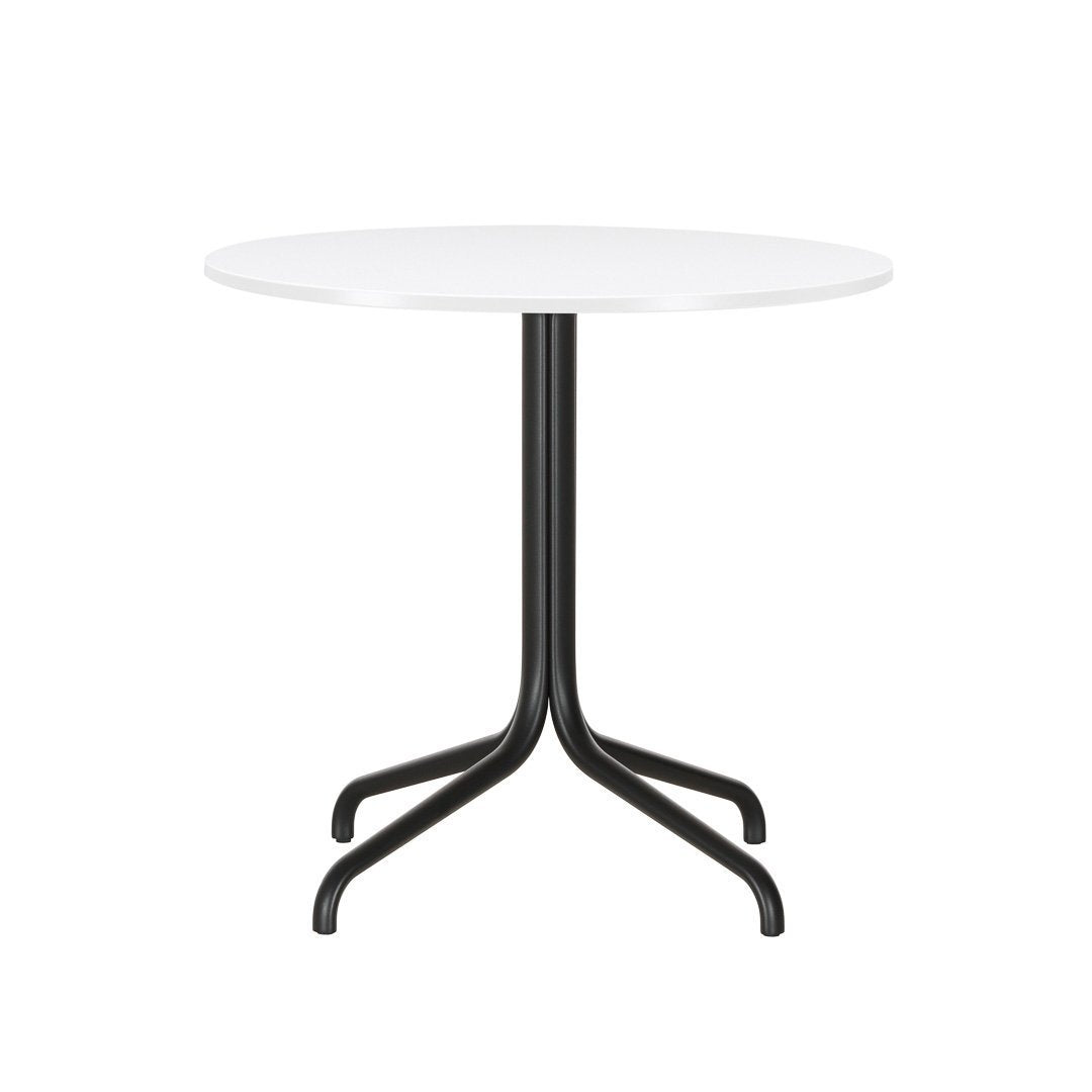 Round white tabletop with a sleek black base, featuring a minimalistic, modern design. Perfect for any space.