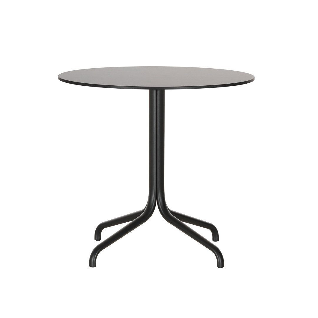 Round gray table with a sleek black base, featuring a minimalistic design and smooth surface.