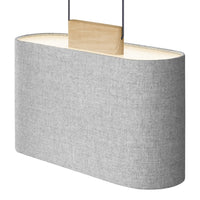 Gray fabric lamp with a smooth, minimalist design and natural wood accent, perfect for modern decor.