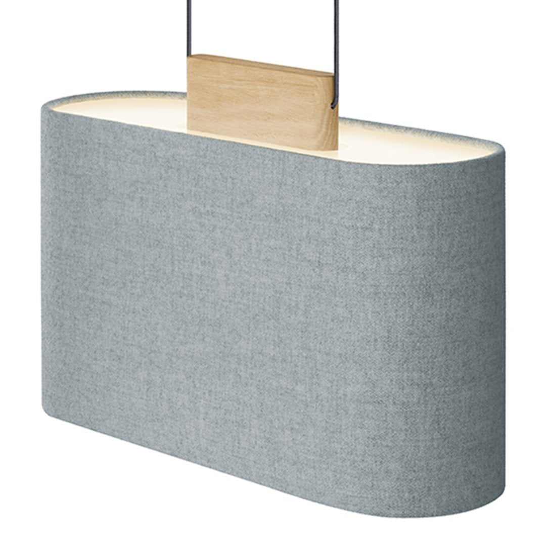 Gray fabric pendant lamp with a wooden accent, featuring a smooth, minimalist design.