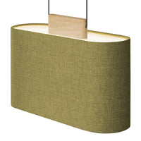 Green fabric pendant lamp with a smooth, oval shape and wooden accent, ideal for modern decor.