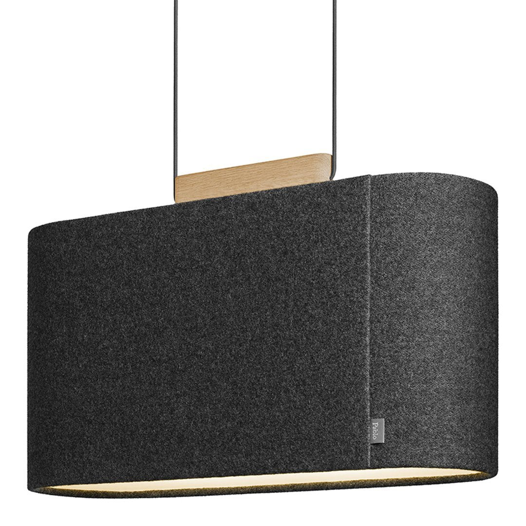 Modern black fabric pendant light with a smooth, curved design and subtle wooden accent. Perfect for contemporary decor.