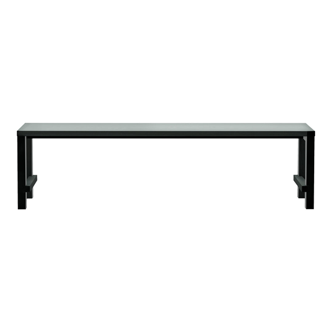 Sleek black bench with a minimalist design and smooth, solid surface, perfect for modern decor.