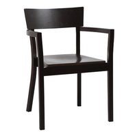 Black wooden armchair with a sleek, minimalist design and smooth, dark finish. Perfect for modern decor.