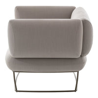 Gray upholstered armchair with smooth, modern lines and minimalist metal frame. Perfect for contemporary decor.