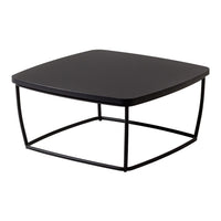 Black square coffee table with a minimalist design and sleek metal frame. Perfect for modern decor.