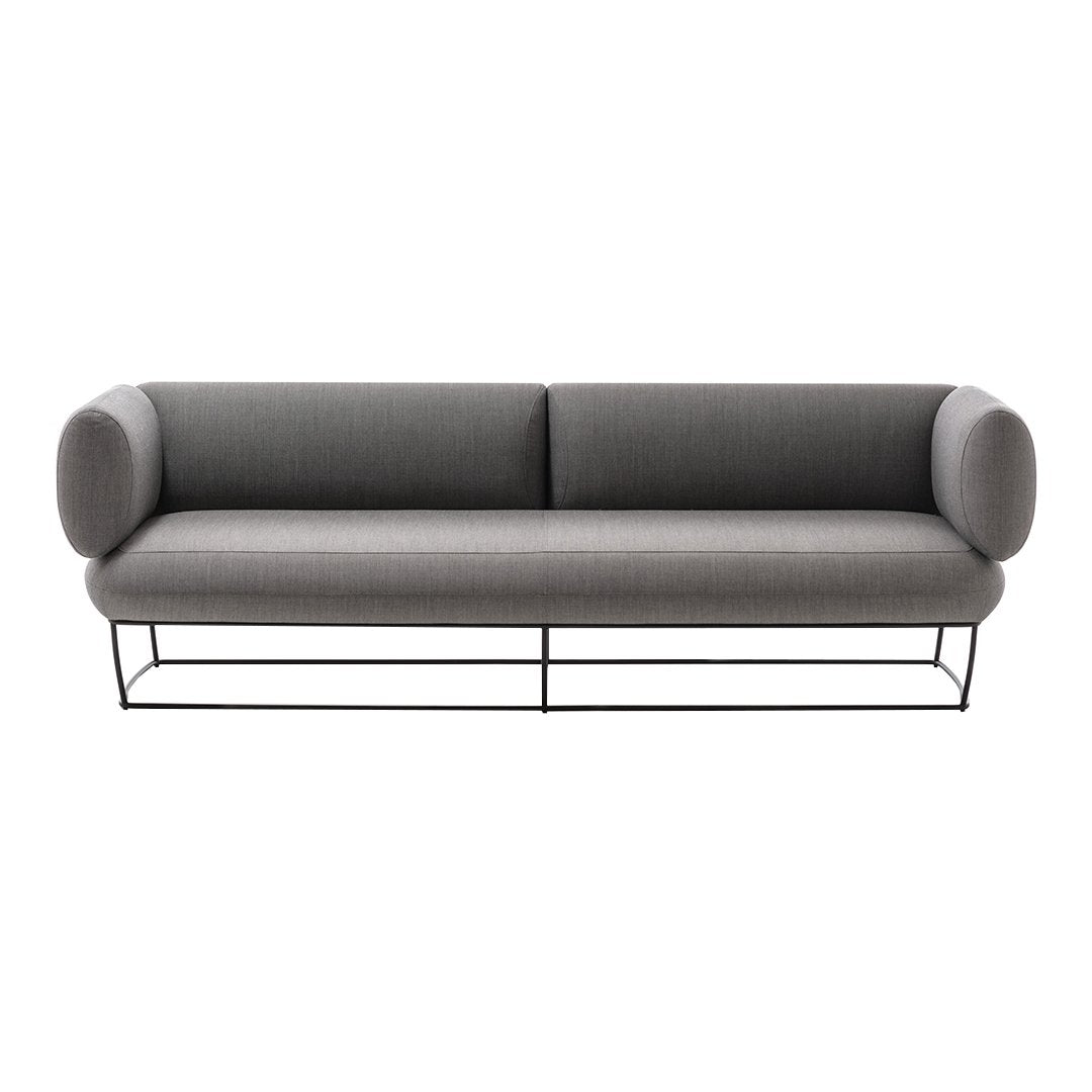 Gray modern sofa with rounded arms and a sleek black metal frame, featuring a textured, minimalist design.