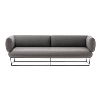 Gray modern sofa with rounded arms and a sleek black metal frame, featuring a textured, minimalist design.