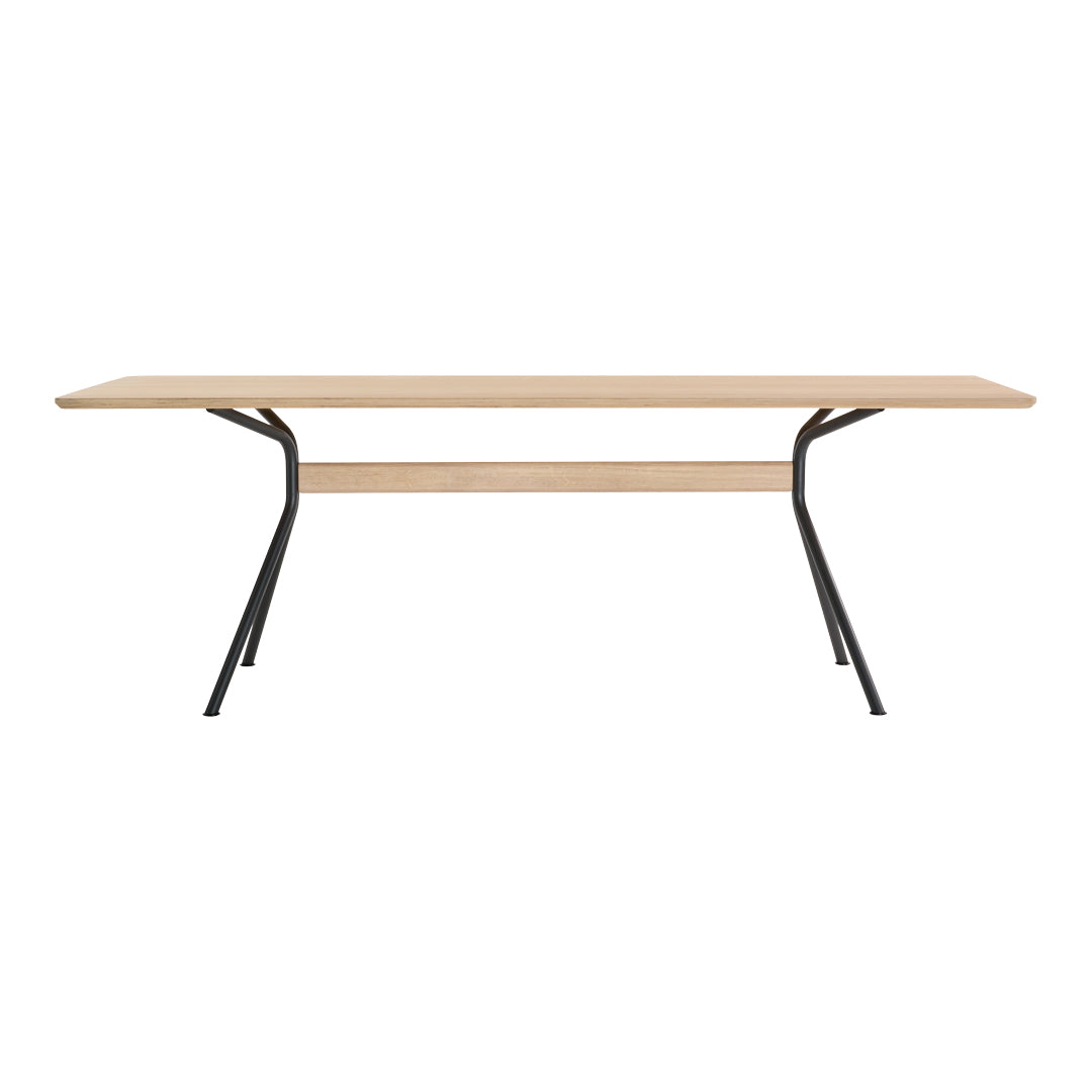 Light wood tabletop with a smooth finish and sleek black metal legs; minimalist design with clean lines.