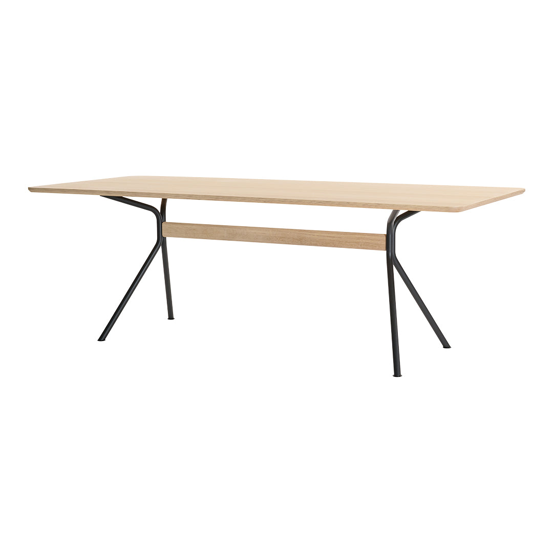Natural wood tabletop with a smooth finish and black metal legs, featuring a minimalist design and clean lines.
