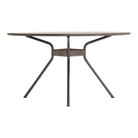 Round wooden dining table with a rich brown top and black metal legs, featuring a sleek and modern design.