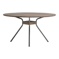 Round wooden dining table with a light brown finish and black metal legs, featuring a sleek, modern design.