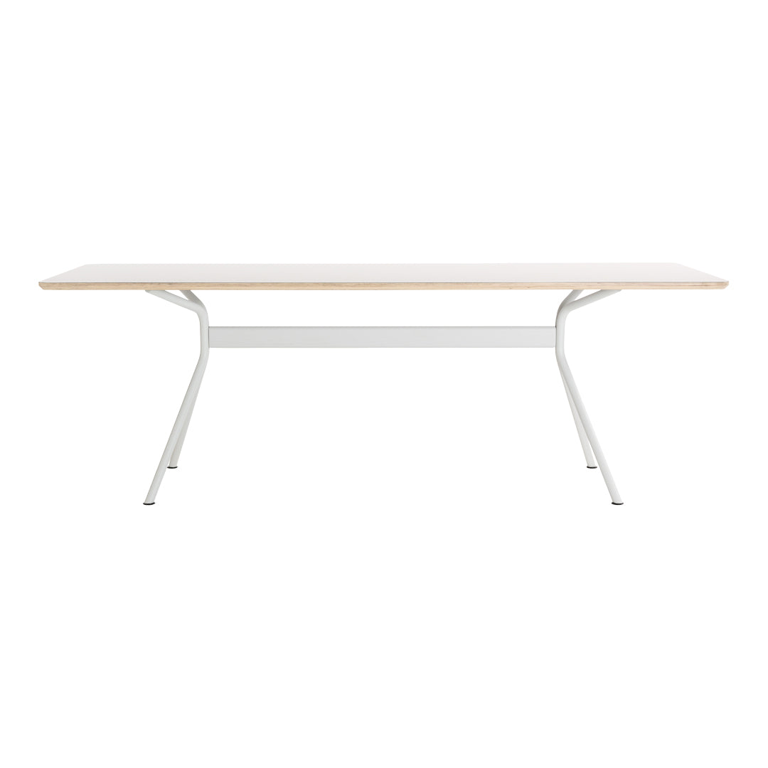 Modern white table with a light wooden top and sleek metal legs, perfect for contemporary decor. 