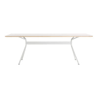 Modern white table with a light wooden top and sleek metal legs, perfect for contemporary decor. 
