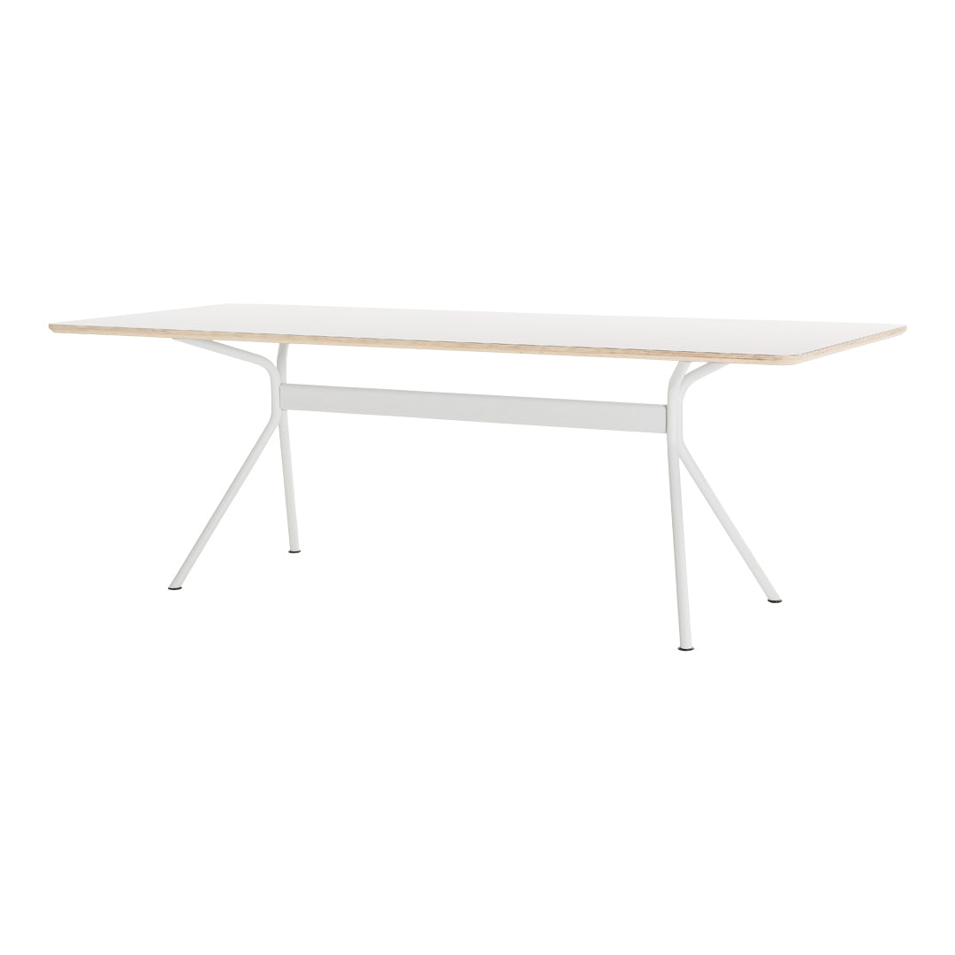Rectangular table with a natural wood top and white metal legs, featuring a clean, modern design. Ideal for minimalist spaces.