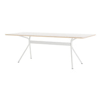 Rectangular table with a natural wood top and white metal legs, featuring a clean, modern design. Ideal for minimalist spaces.