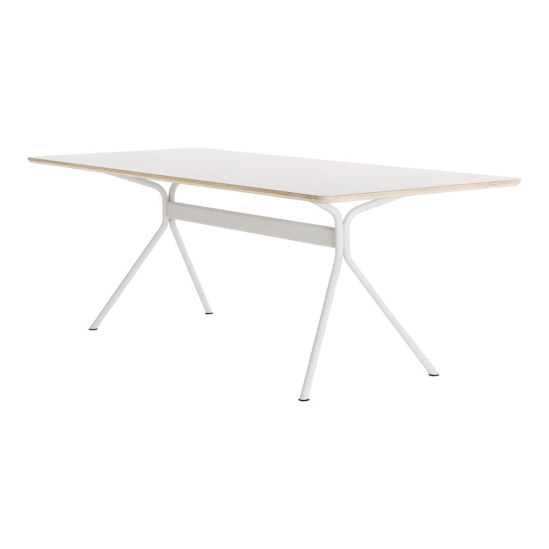 White tabletop with natural wood edges and sleek white metal legs, perfect for modern decor.